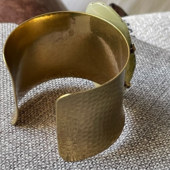 Hammered Brass Cuff Bracelet Adorned with Acrylic Pale Green Stone - Picture 11 of 16